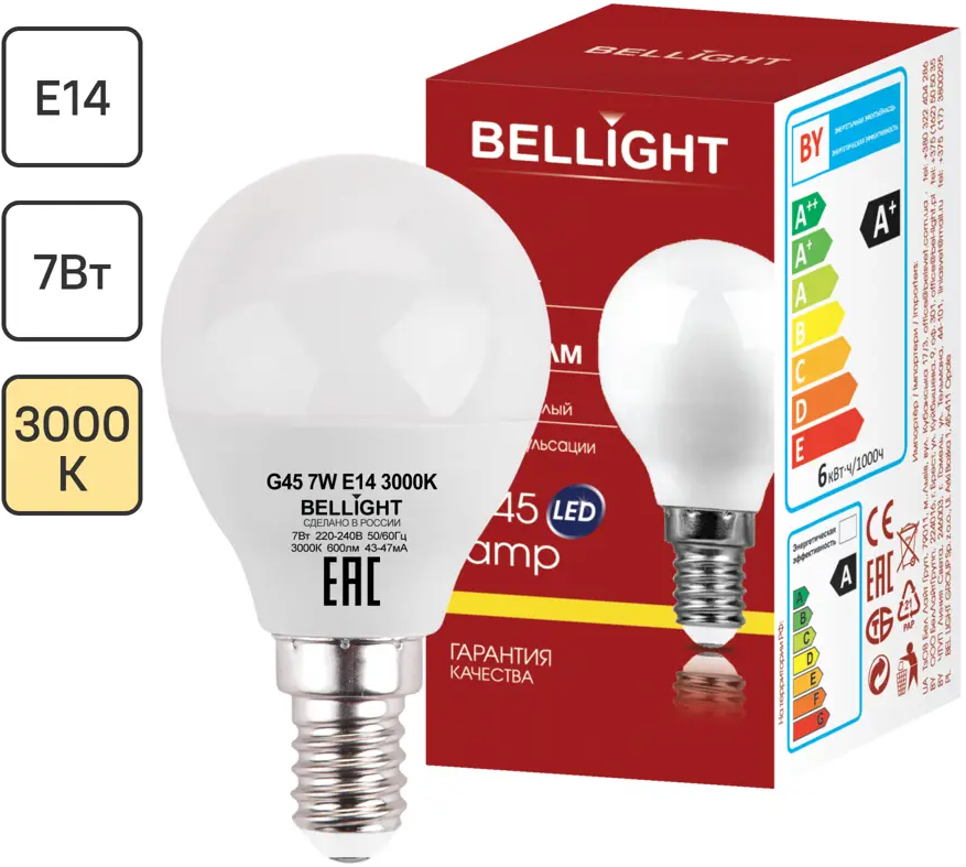 Светодиодная лампа BELLIGHT E14 7Вт теплый белый свет 86170871