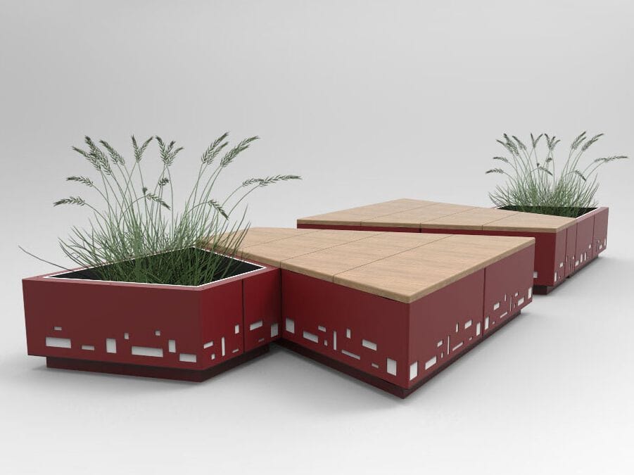 Стальная и деревянная скамейка со встроенной плантатором без спинки CITYSì остров ARCH-00001499