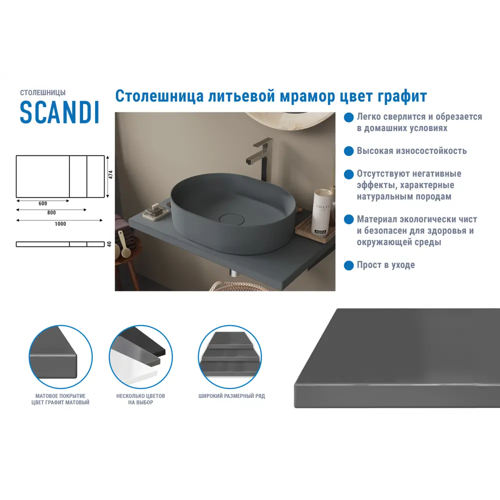 Столешница для ванной Scandi SC-60MS 60x4x47 см, искусственный камень, цвет матовый графит 82909488 STLM-2082379 Santreyd - Вид №2