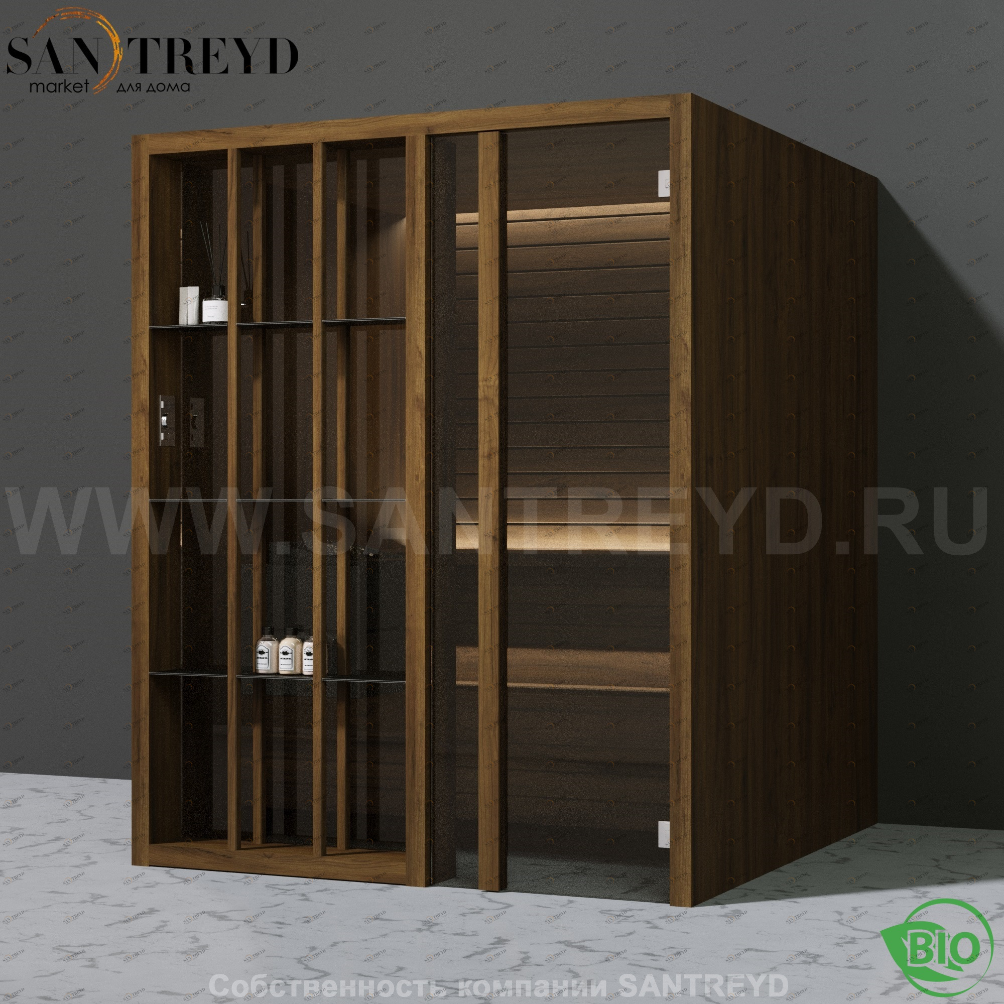 Effegibi YOKU.S60 BI.70100013 Био-сауна с правой дверью. Мощность: 6 кВт макс. Размеры: длина 174 см, ширина 170 см. Отделка: чёрный орех BI70100013