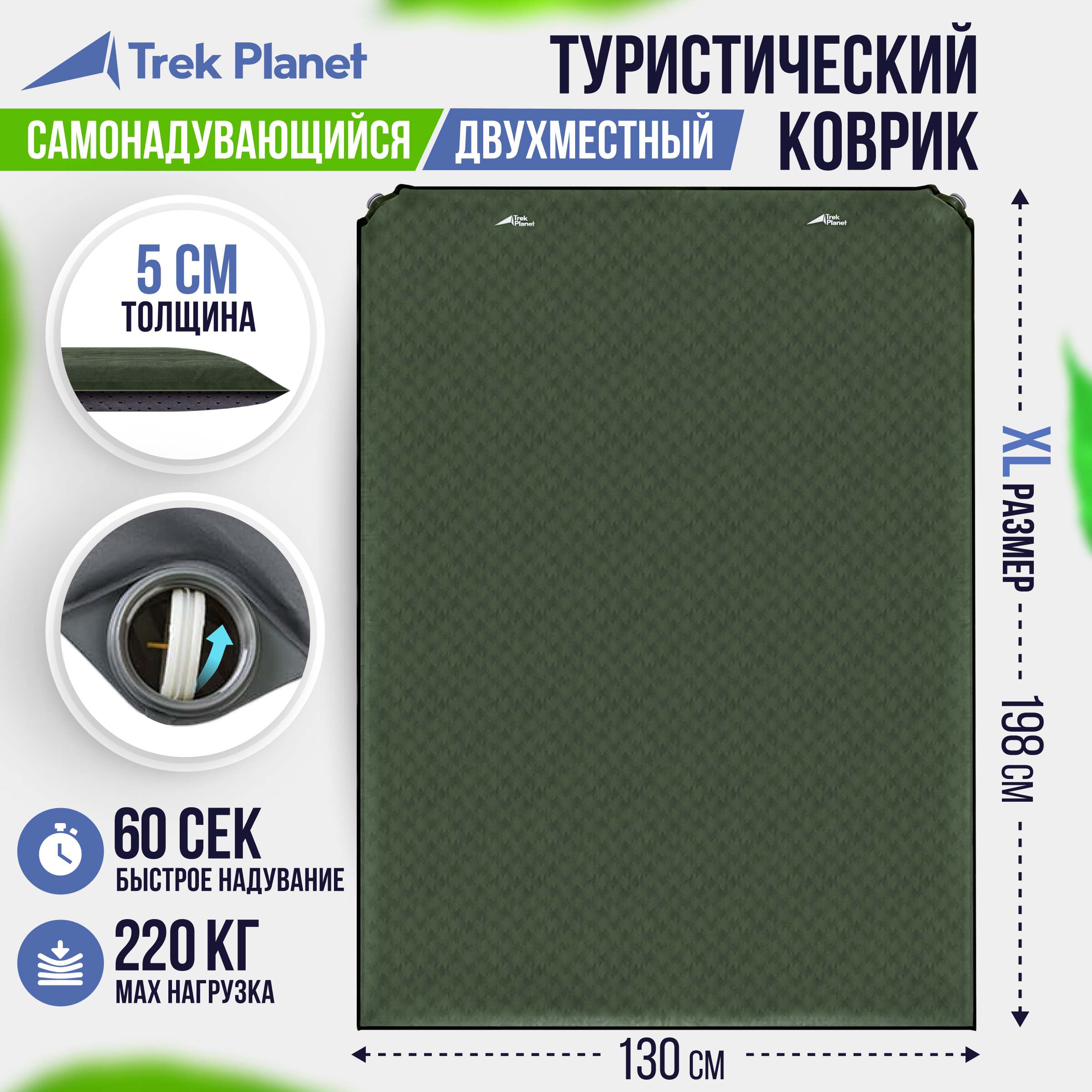 90310053 Коврик двухспальный Relax 50 Double 198х130х5 см кемпинговый цвет зеленый STLM-0178061 TREK PLANET