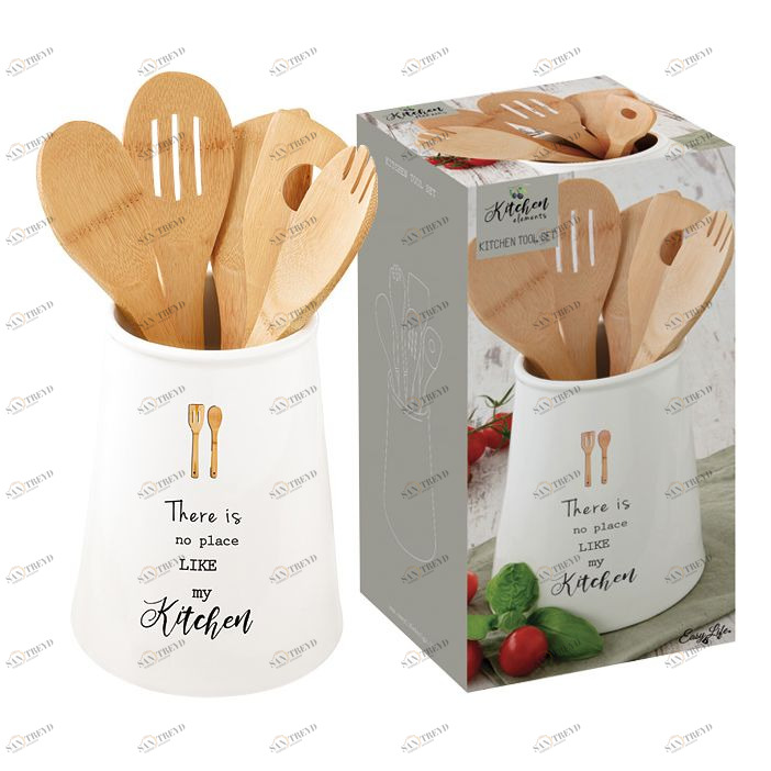 Подставка фарфоровая с бамбуковыми кухонными приборами белая Kitchen Elements EASY LIFE KITCHEN ELEMENTS 00-3946456 Белый 