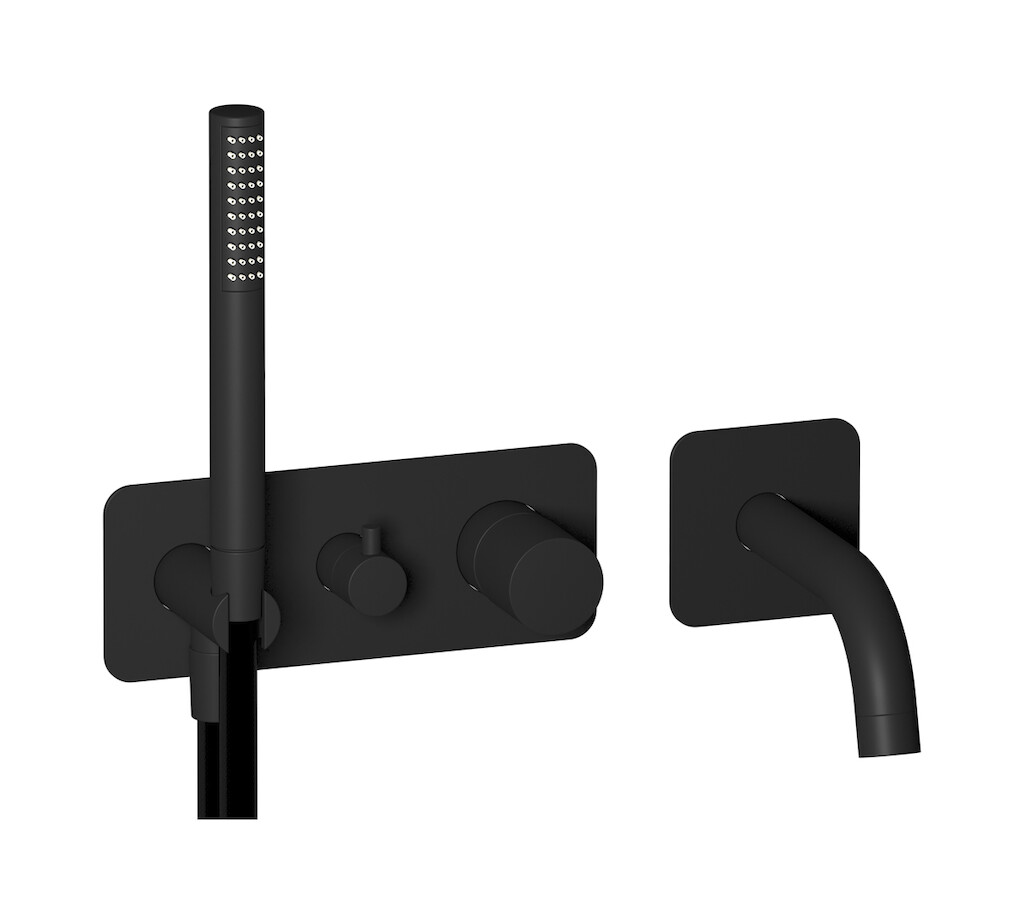 Настенный смеситель для ванной на с дивертером и душевым гарнитуром. WE ARE IB rr398np Matt Black Brera