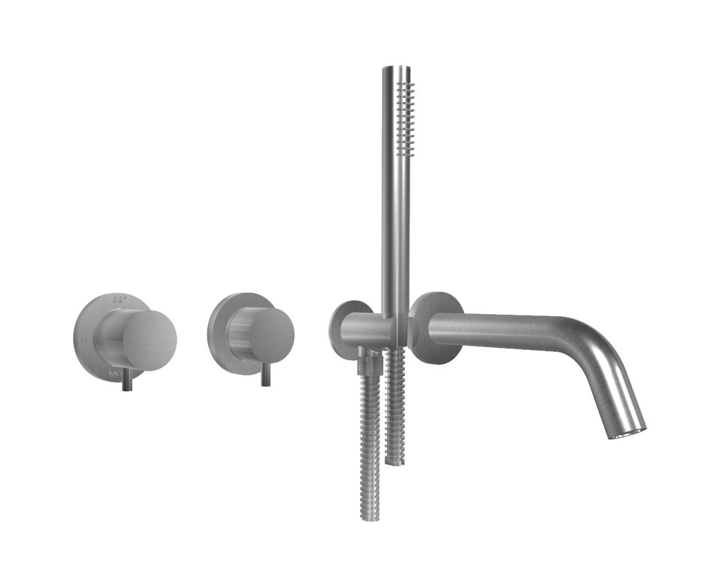 73550 / AD Встраиваемый смеситель для душа из матовой нержавеющей стали 316 с соединениями, термостатическим смесителем, переключателем на 2 выхода, дуплексным душем и отдельным изливом. Bongio Time2020 Basic 73550/AD