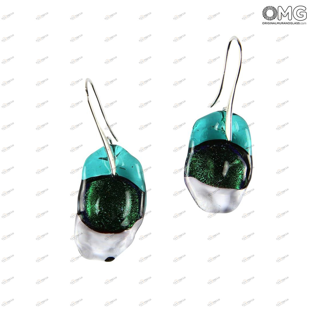 2461 ORIGINALMURANOGLASS Трёхцветные серьги из стекла соммерсо - зелёный и белый - муранское стекло - Original Murano Glass OMG 2 см 
