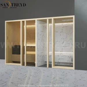 Effegibi YOKU.G SH YO.30110002 Комбинированная баня: хаммам и сауна. Установка: в правый угол. Мощность: 10,5 кВт макс. Размеры: длина 342 см, ширина 170 см. Отделка: осина термообработанная и светлый керамогранит