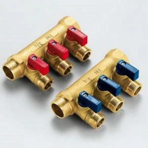 Коллектор НВ 3/4" с кранами под полоскую прокладку, красные ручки TIEMME 2 выхода 1/2"Н 36мм