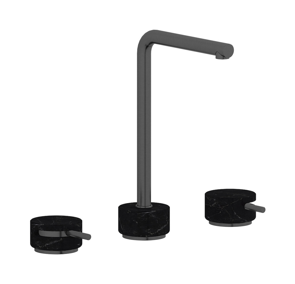 Смеситель для раковины на 3 отверстия с высоким изливом в комплекте с донным клапаном. WE ARE IB mm390cs_2 Brushed Black Chrome Marmo