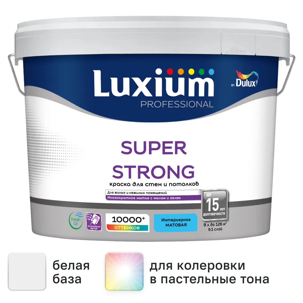 Краска для стен и потолков моющаяся Luxium Super Strong матовая цвет белый база BW 9 л STLM-2036123