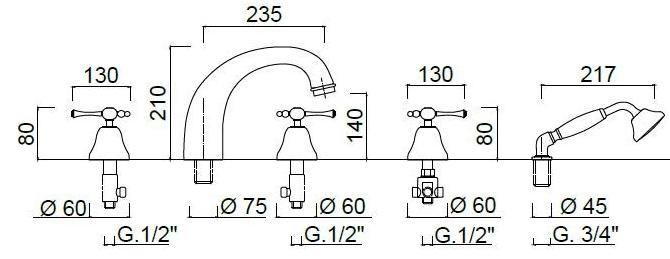Rubinetteria Giulini Комплект для ванны на 5 отверстий с ручным душем Londra 7260 - Вид №1