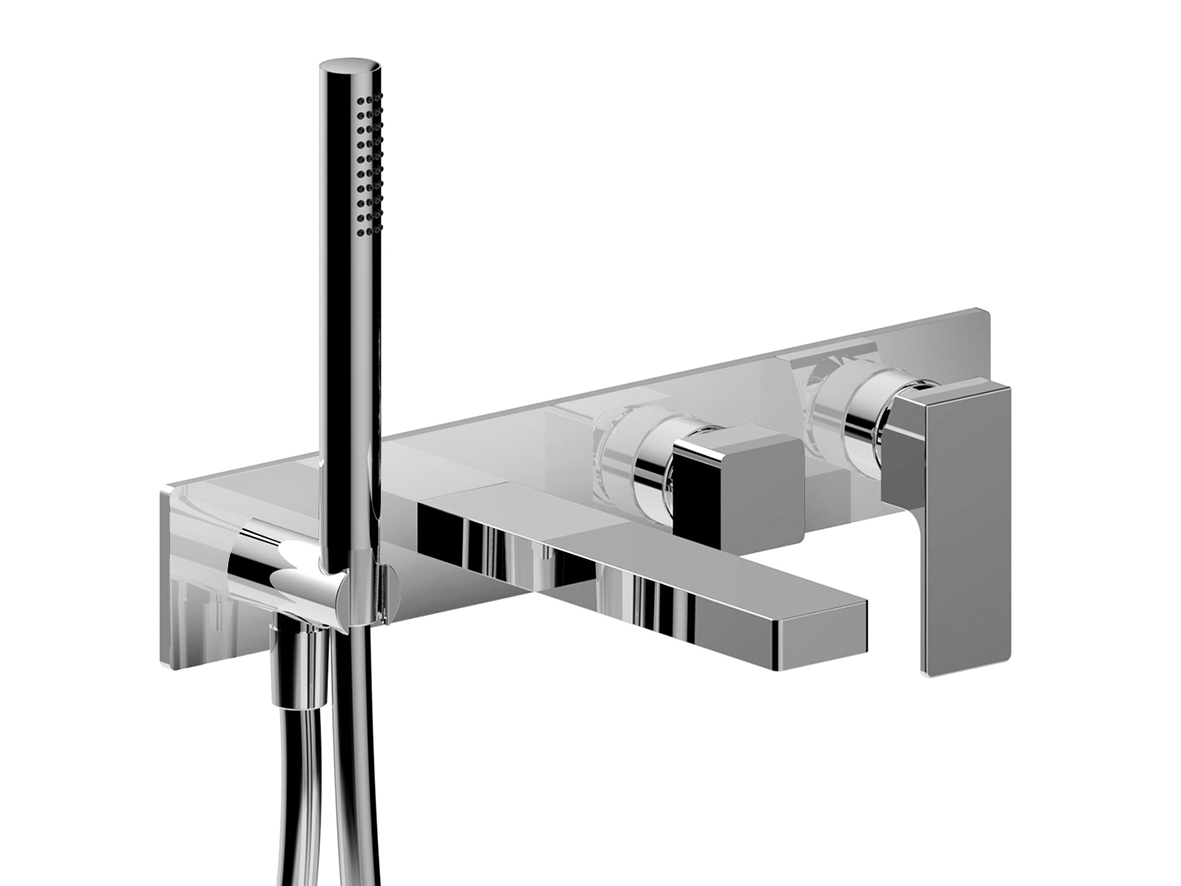 F721B+R021A  Встраиваемый смеситель для ваннывылет 20 см ручка переключатель на 2 потока с поворотной кнопкой ручная лейка FIT шланговое подсоединение с держателем для ручной лейки гибкий шланг 150 см ПВХ впуски 1/2'' Fantini Rubinetti MINT НЕРЖАВЕЮЩАЯ СТ 