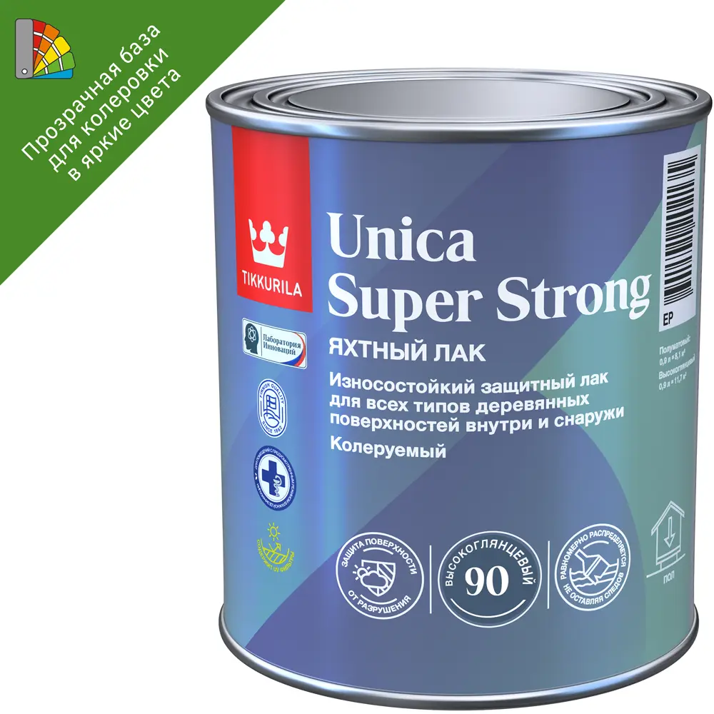 87660454 Лак яхтный Tikkurila Unica Super Strong База ЕР бесцветный высокоглянцевый 0.9 л STLM-0855188 