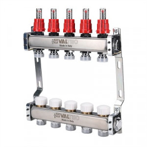 VTc.584.EMNX.0603 Блок коллекторный из нержавеющей стали с регулирующими клапанами и расходомерами Valtec 1", 3 x 3/4", "евроконус"