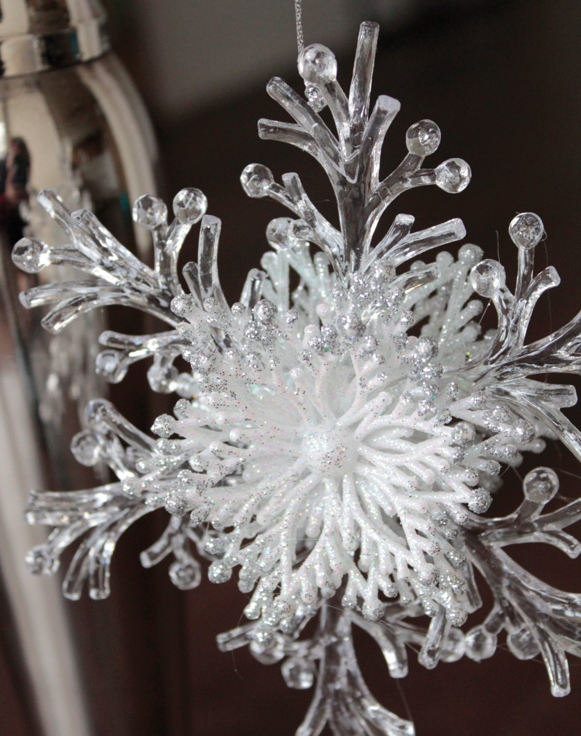 1319 796 a3 Орнамент Снежинка, акрил, с глиттером, Ø 15 см, бело-серебристый H-andreas  - Вид №3