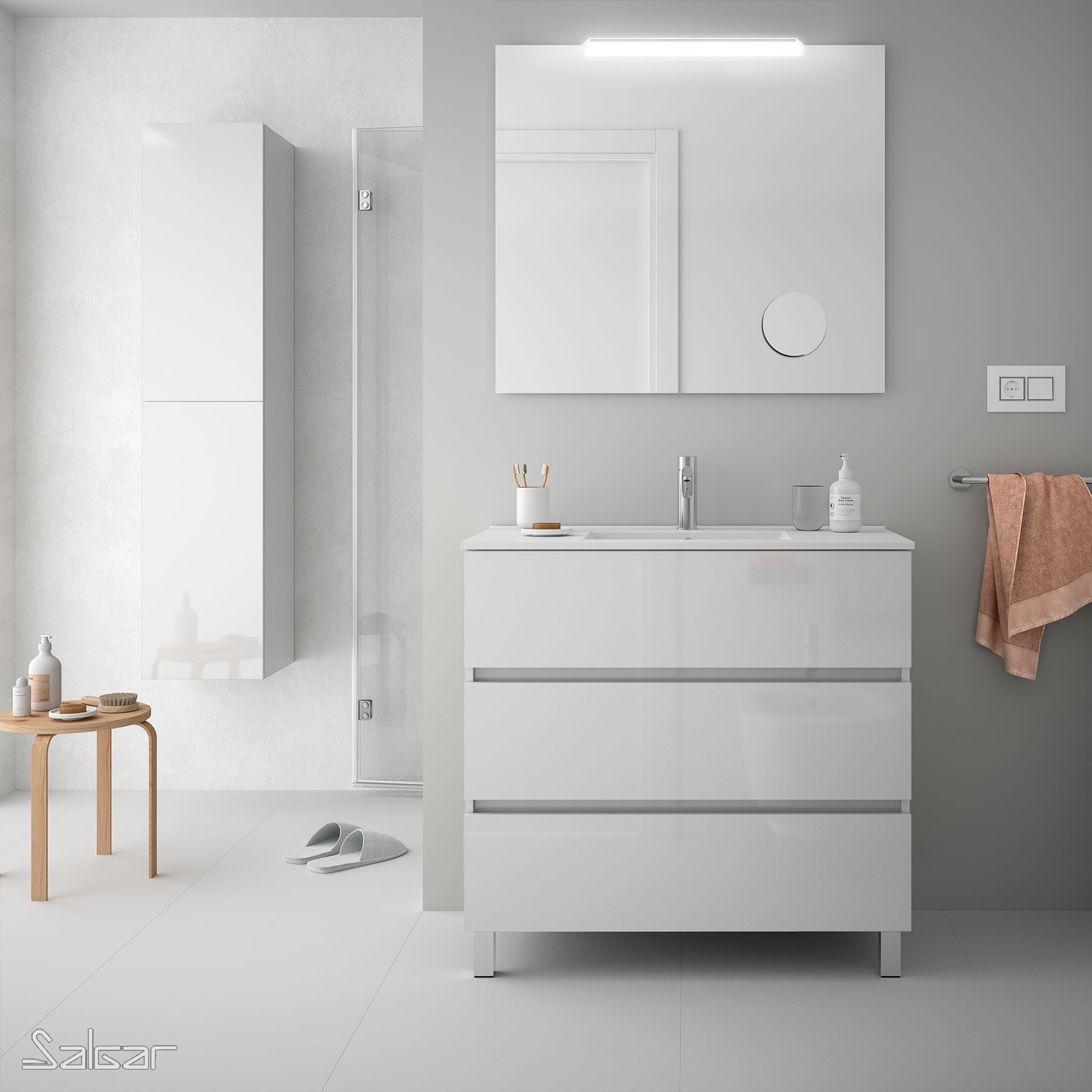 26567 SALGAR Мебель для умывальника FUSSION LINE 900 3 ящика GLOSS WHITE 897 x 868 x 450 мм Глянцевый белый