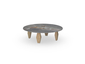 Круглый журнальный столик с ножками из тикового дерева и столешницей из спеченного камня
