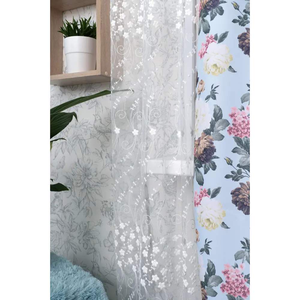 Тюль на ленте «Цветы» с вышивкой 250х260 см цвет экрю GARDEN STLM-2064655 - Вид №4