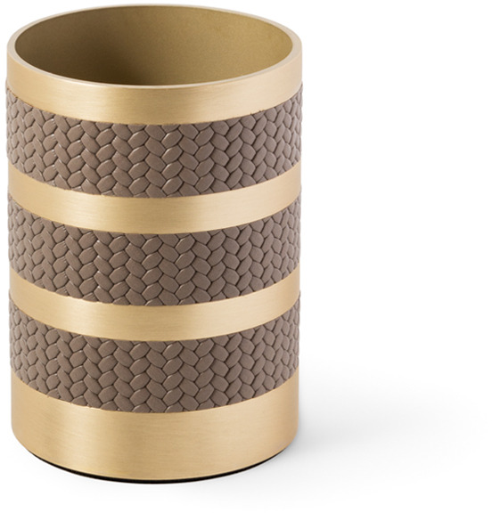 Подставка для зубных щеток Saturno - Ø 8XH11 см / металлическая отделка_сатинированная латунь / плетеная кожа_светло-серый