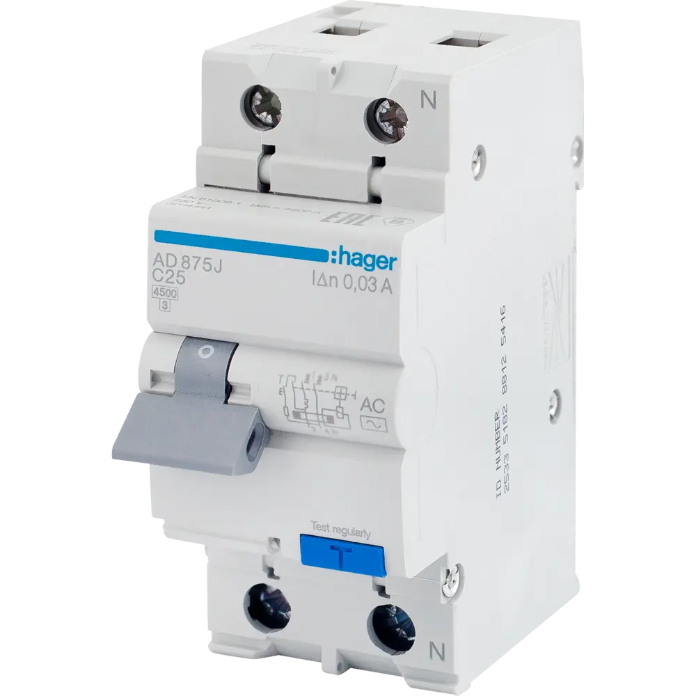 Дифференциальный автомат Hager AD875J 1P N C25 A 30 мА 4.5 кА AC STLM-2009502