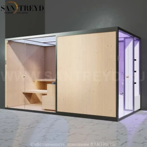 Effegibi BODYLOVE SH BL45110004 Боковая комбинированная баня: хаммам и сауна. Установка: в левый угол. Мощность: 15 кВт макс. Размеры: длина 393 см, ширина 176 см. Отделка: канадский хемлок, светлый керамогранит и гладкий хемлок.