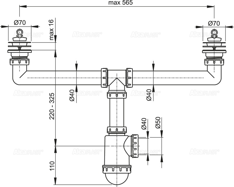 Сифон для сдвоенной мойки с нержавеющими решетками DN70 ALCAPLAST A449DN5040 - Вид №1