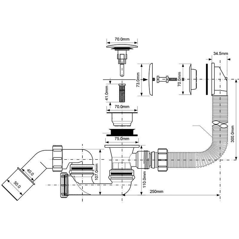 Слив-перелив McALPINE L=500 х 34 мм, гидрозатвор 50 мм, выход 40/50 мм MRB8CB - Вид №1