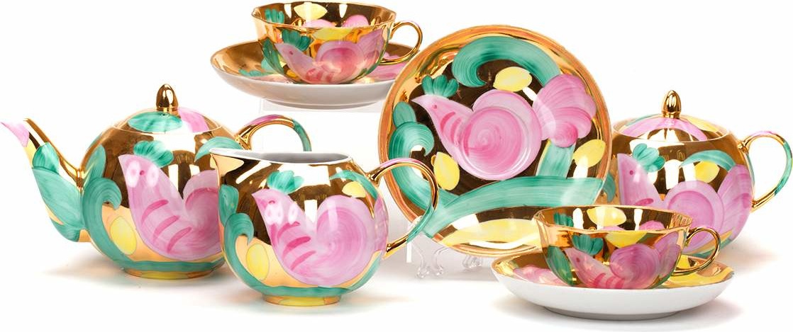 10618111 Дулевский фарфор Сервиз чайный 6/15 "Тюльпан" "Розовая птица" Фарфор 