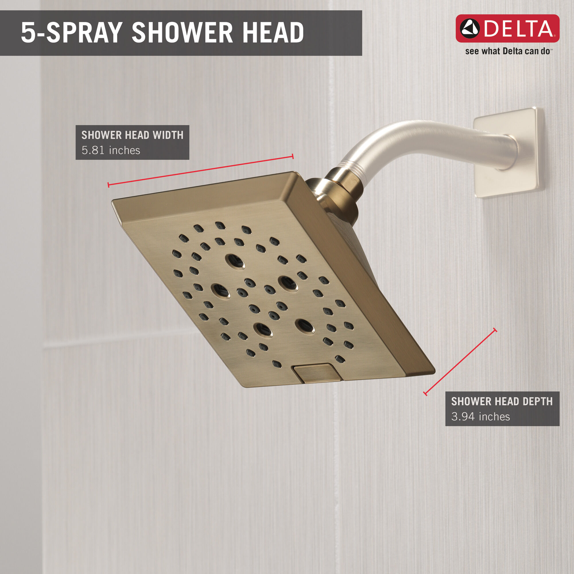 52664-CZ H2Okinetic® Современная угловая душевая лейка Raincan с 5 настройками Delta Faucet Universal Showering Шампанское бронза  - Вид №2