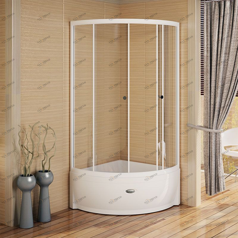 Душевой угол 90 (высокий поддон), стеклянные шторки (прозрачные), поддон на раме-подставке с устройством слива, фронтальная панель, профиль белый Radomir 1031000020