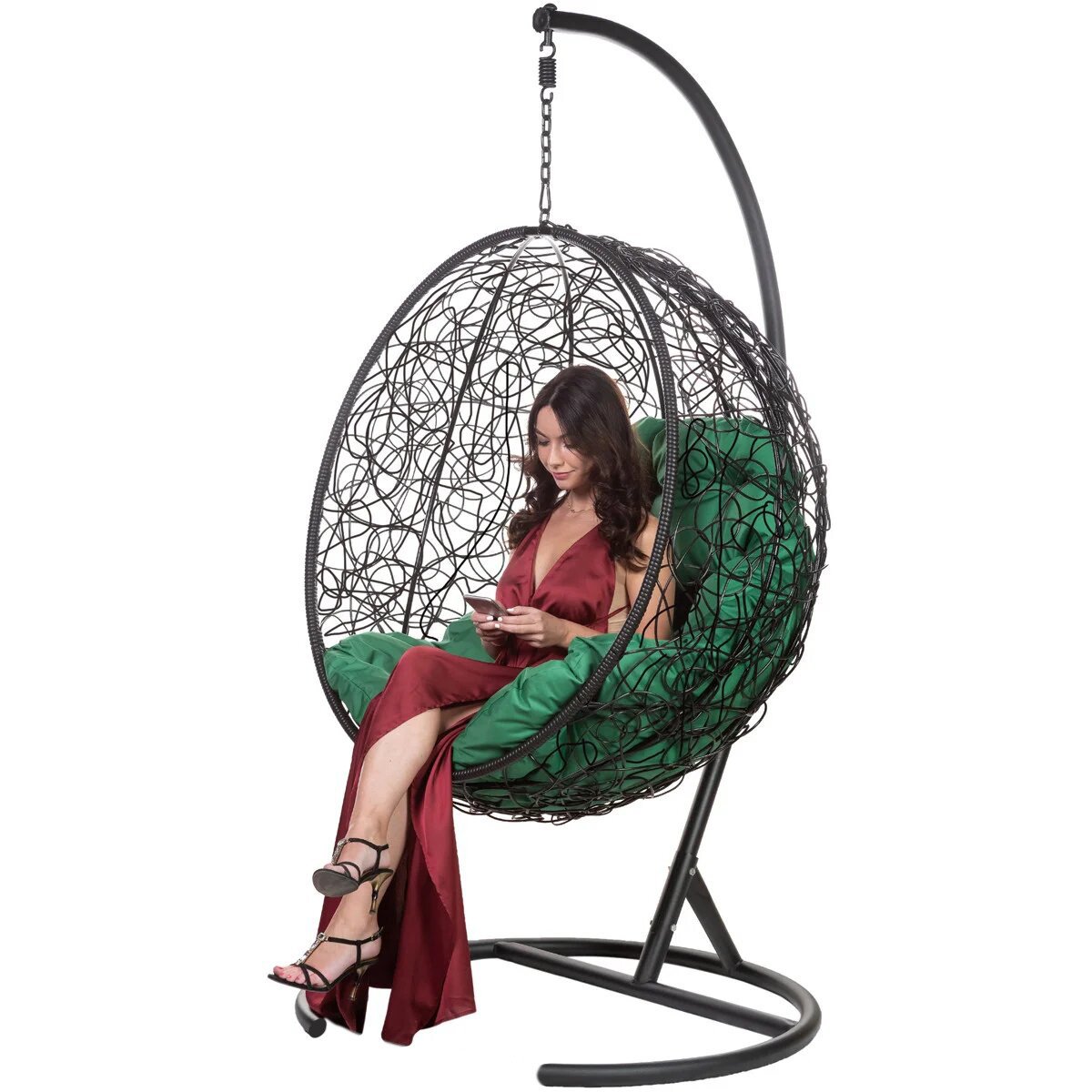 Подвесное кресло из ротанга черное с зеленой подушкой Kokos Black BIGARDEN  00-3974087 Черный  - Вид №2