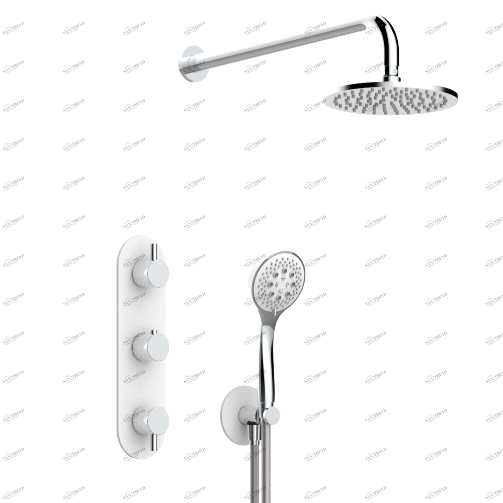D6A-5400DMBM Встраиваемый термостатический смеситель в комплекте с выходом из стены, алюминиевым шлангом, ручным душем, держателем 450 мм и лейкой с системой Easyclean Ø 200 мм — панели матового белого цвета Thg-paris Smith Хром D6A 5400DMBM  A02 CAT.A