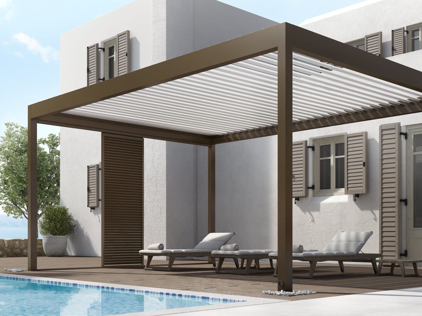 Биоклиматическая самонесущая пергола из алюминия с поворотными пластинами GLM Outdoor Solutions MYKONOS ARCH-00073350