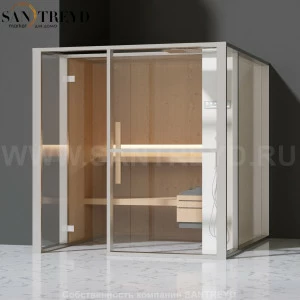 Effegibi LOGICAFILO S LO21020013 Сауна. Установка: в левый  полуугол. Правая дверь. Мощность: 6 кВт макс. Размеры: длина 214 см, ширина 250 см. Отделка: канадский хемлок, матовый лакированный белый аллюминий и серый ламинат из керамогранита.