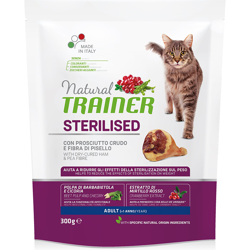 ПР0033069 Корм для кошек TRAINER Natural Adult Sterilised для стерилизованных, с сыровяленой ветчиной сух. 300г NATURAL TRAINER 