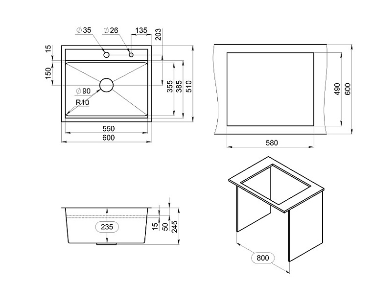 KS-6051, СТАЛЬ МАТОВАЯ , стальная кухонная мойка KITCHEN SPACE GRANULA 6051-ST354 - Вид №3
