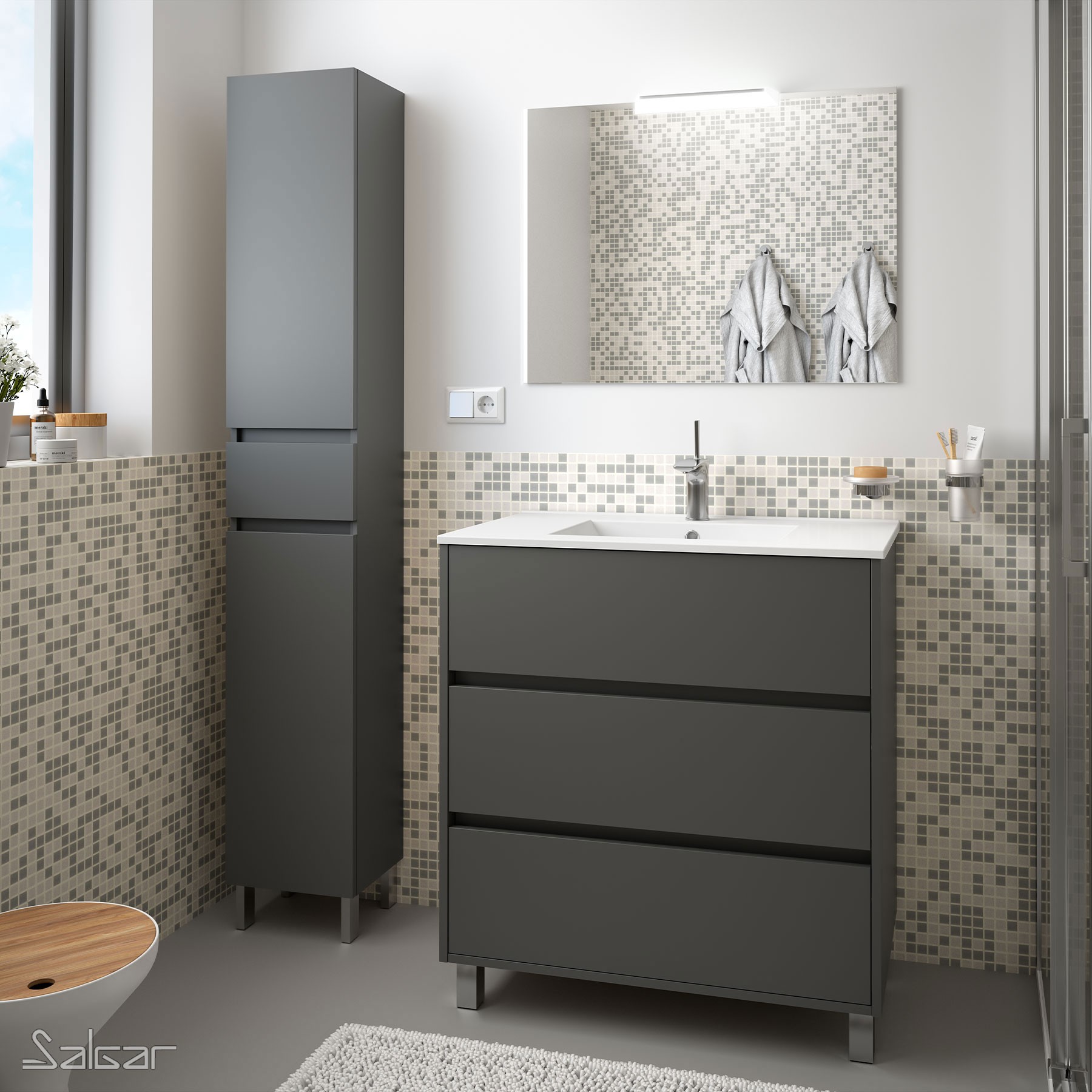 85111 SALGAR Комплект мебели для ванной ARENYS 800 MATT GREY + Раковина + Зеркало + Свет Мэтт Грей