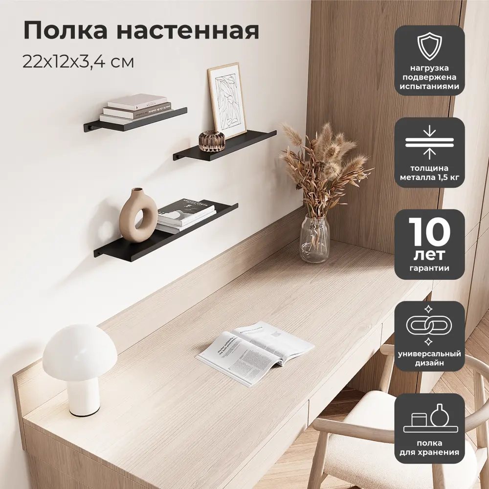 Настенная полка 22x12 см металл цвет черный 89444441 STLM-2192732 KONSENSA  - Вид №10