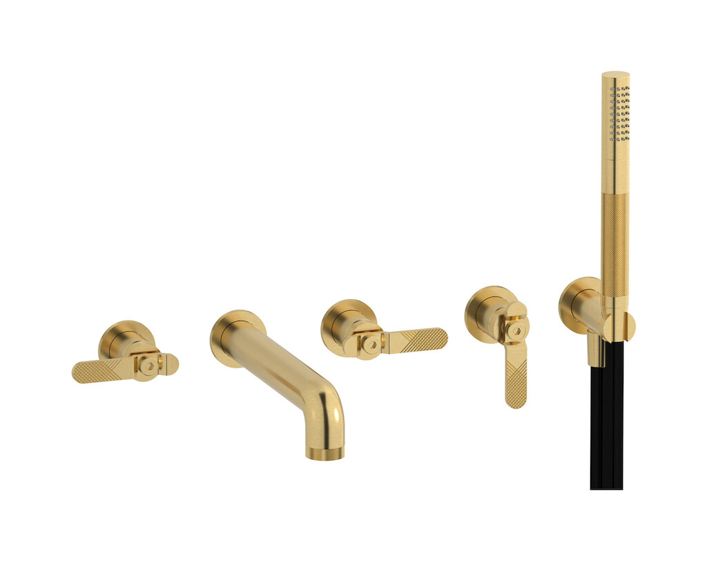 Настенный смеситель для ванной на 5 отверстий с дивертером и душевым гарнитуром. WE ARE IB b2398os Brushed Gold Bold