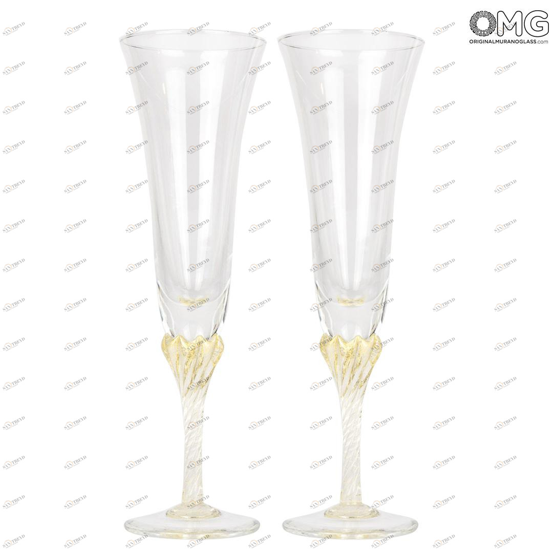 4286 ORIGINALMURANOGLASS Набор из 2 бокалов-флюте для шампанского - дутое стекло и золото - муранское стекло OMG 7 см 
