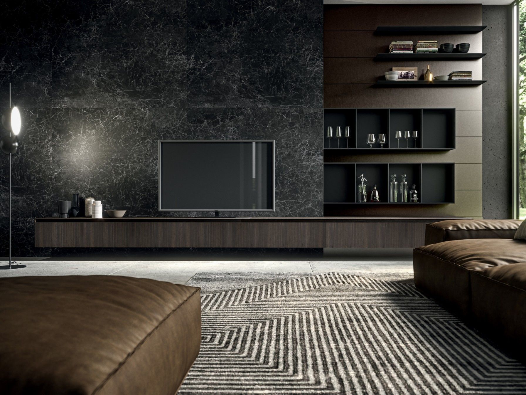 Оборудованная эвкалиптовая стена с подставкой для телевизора MODULNOVA Skill ARCH-00025005