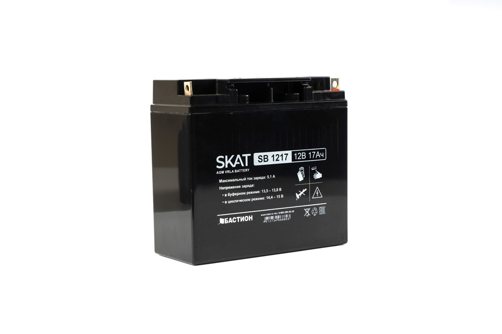 SKAT SB 1217 , 12v, 17ah, maximum charge current 5.1 a. terminal type - b1 (for m5 bolt with nut). case size - 77x180x168. weight - 4.9 kg. service life - 6 years. warranty - 18 months. Бастион  - Вид №2