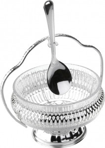 10613127 Queen Anne Вазочка для варенья с ручкой и ложкой Queen Anne 12х15см, стекло, сталь, посеребрение Сталь нержавеющая с посеребрением, стекло