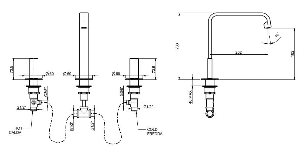 Смеситель для раковины с 3 отверстиями без слива Rubinetterie Frattini Vita Due ARCH-00099222 - Вид №8