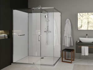 Стеклянная угловая душевая кабина с поворотной дверью