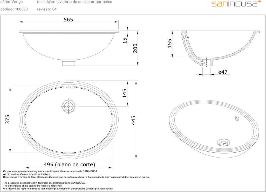 108350004 Накладная раковина под столешницу  овальная Sanindusa Vouga - Вид №1