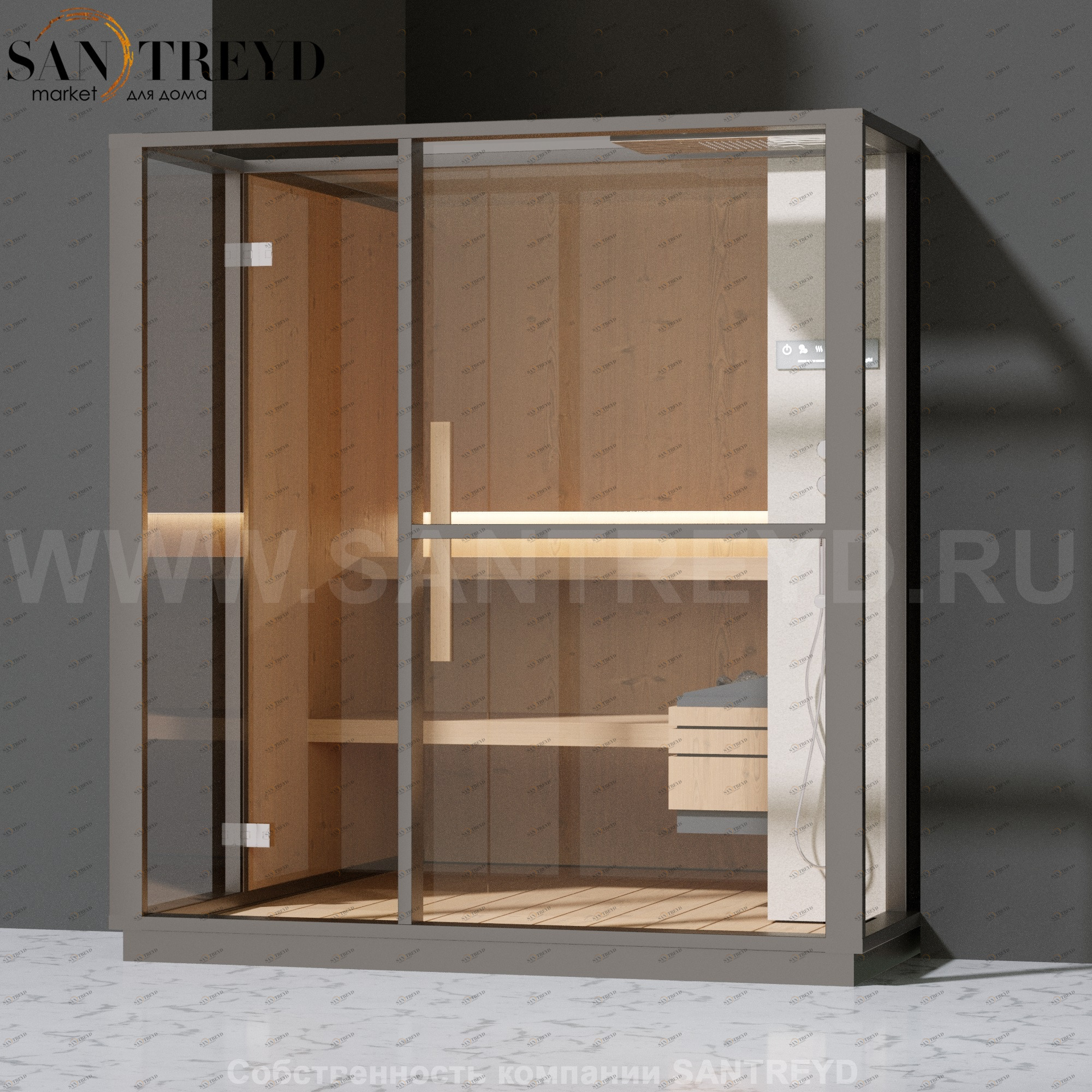 Effegibi LOGICA S LO20010011 Сауна. Установка: в полунишу. Правая дверь. Мощность: 6 кВт макс. Размеры: длина 214 см, ширина 250 см. Отделка: канадский хемлок, матовый лакированный серый аллюминий и бежевый ламинат из керамогранита.