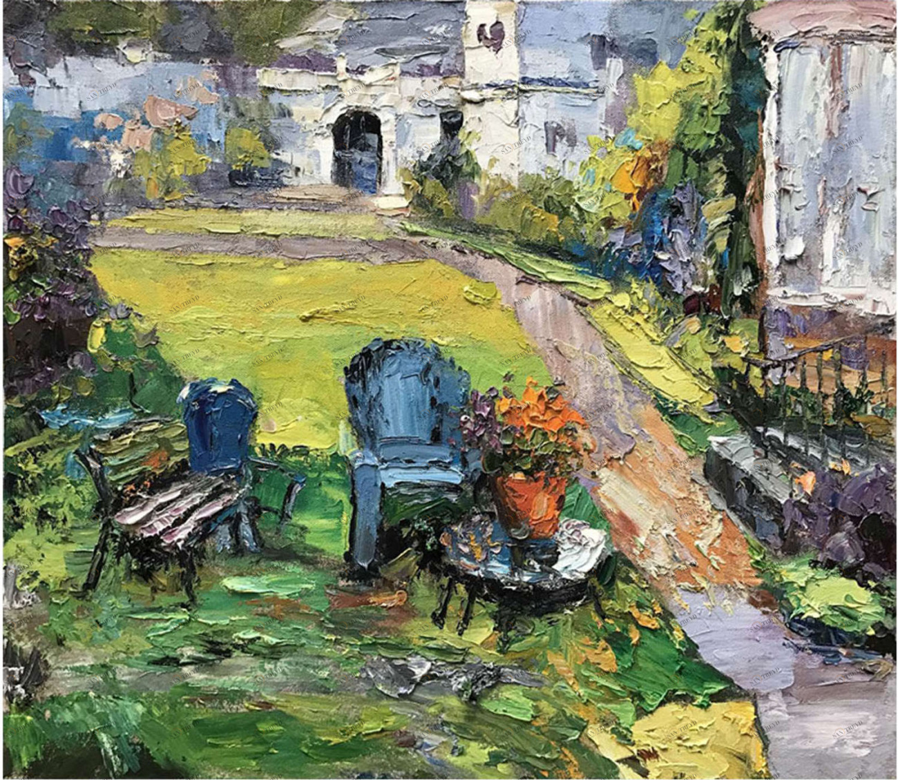 Картина на холсте 100х100 см "Усадьба" EVENHOME КАРТИНЫ МАСЛОМ 129900 Бежевый;голубой;зеленый 