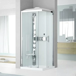 Душевая кабина 80x80 GLAX 3 A80 HYDROMASSAGE Novellini GLAX 3 с высоким душевым поддоном, серебристым профилем и крышей с парогенератором
