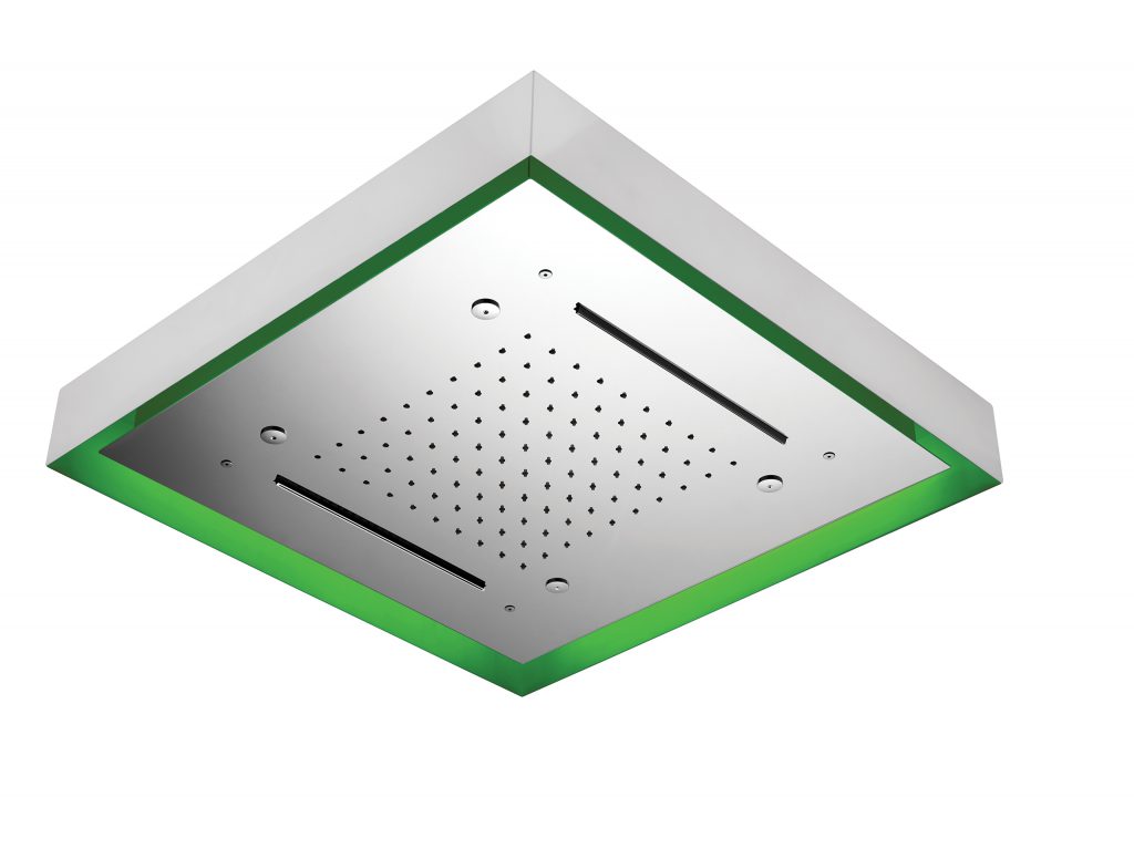 888 / C3 ХРОМОТЕРАПИЯ / ХРОМОТЕРАПИЯ Потолочный душ с внешней структурой из белой стали со светодиодной подсветкой, встроенной хромотерапией. 570x570x80 функция дождя + распыление + 2 панели управления водопадом с кнопкой включения / выключения / выбор цв Bongio Wellness 888/C3 CROMOTERAPIA/CHROMOTHERAPY