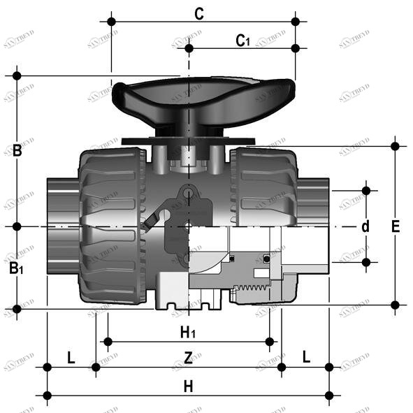 SANIT 842700210725322 2-ходовой шаровой кран d16-63, VKR DualBlock®, PVC-U, клей рукав, FPM 